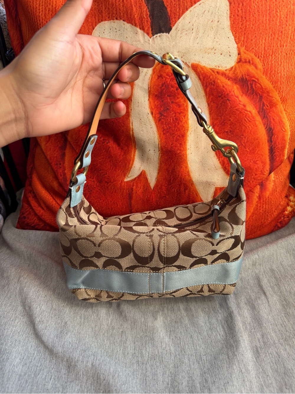 Coach Brown Signature Canvas Shoulder Bag with Light Blue Trim
